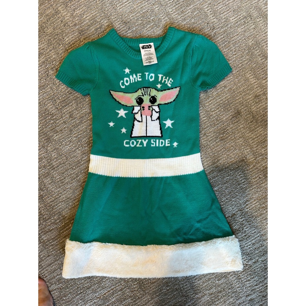 Star Wars Grogu Baby Yoda Holiday Sweater Dress Green Faux Fur Kids XS 4-5